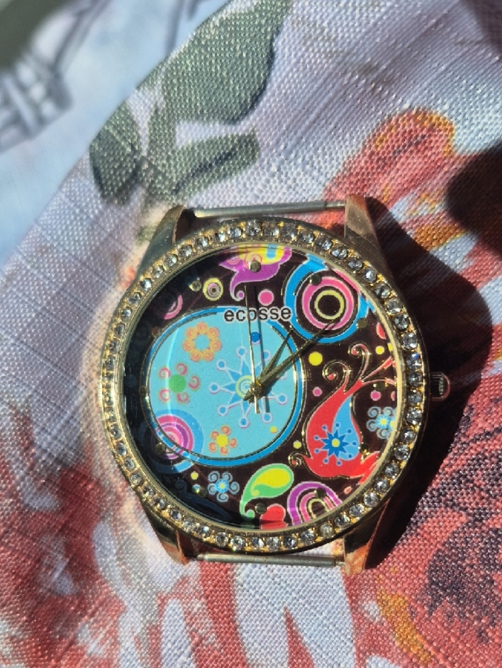 Ecosse Boho Chic Eclectic  Watch Face Colourful Swirls & Flowers Gold-Tone Case